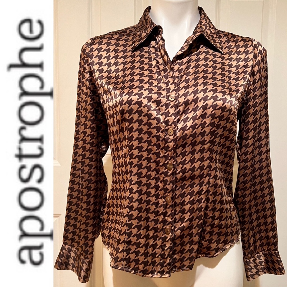3/$30 Apostrophe Houndstooth Silk Long Sleeve Button Down Ladies Petite Shirt